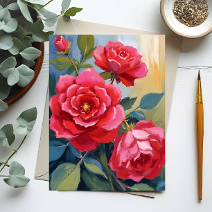Red Rose Bush Watercolor Floral Painting Postcard