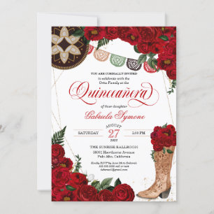 Red Rose Charra Cowgirl Boots Western Quinceañera  Invitation