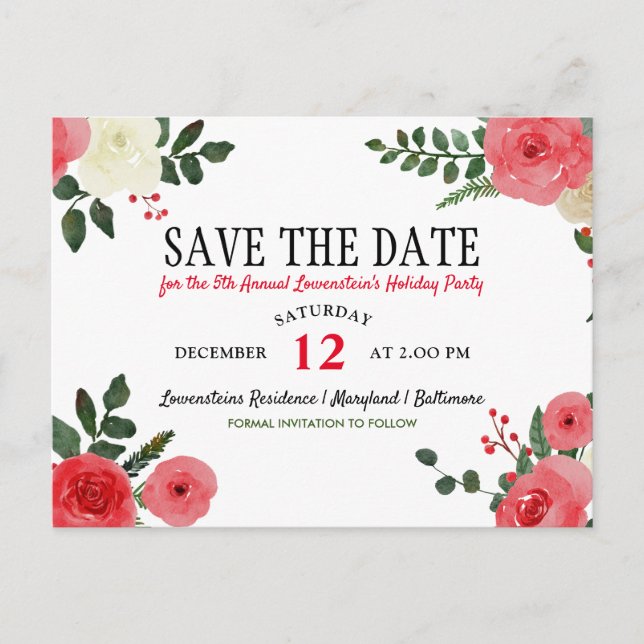 Red Rose Christmas Holiday Party Save The Date Announcement Postcard (Front)