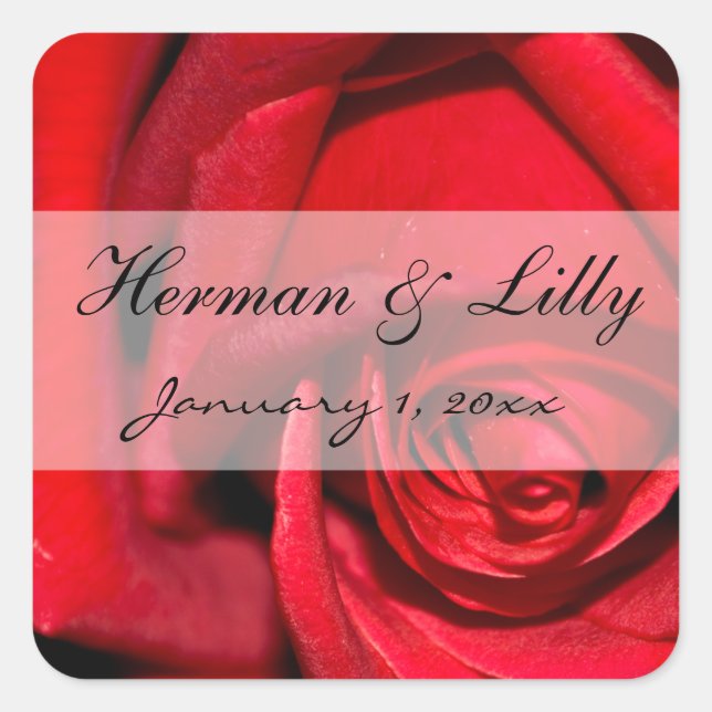 Red Rose Close Up Personalised Wedding Square Sticker (Front)