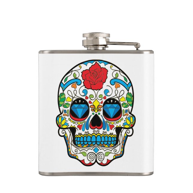 Red Rose & Colourful Retro Floral Skull Hip Flask (Back)