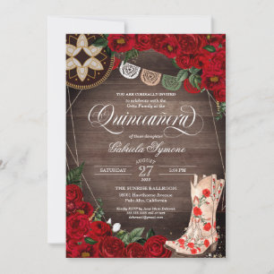 Red Rose Cowgirl Boots Western Charro Quinceañera  Invitation