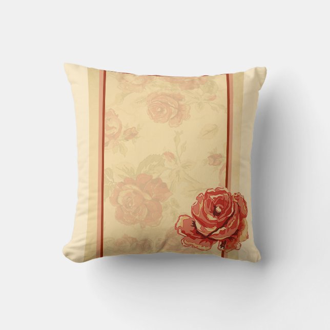 Red rose, cream, tan antique floral cushion (Front)