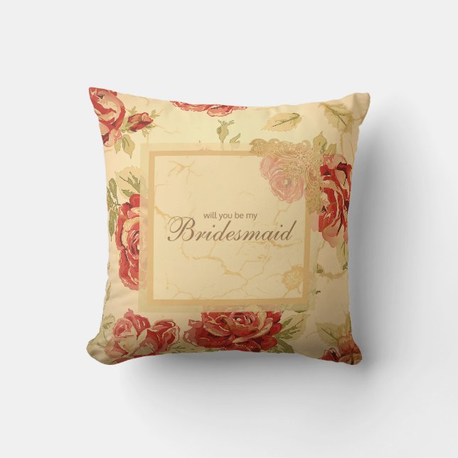 Red rose, cream,  tan, antique floral cushion (Front)