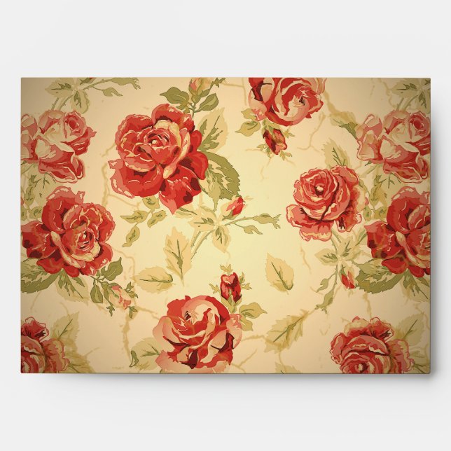 Red rose, cream, tan antique floral envelope (Front)