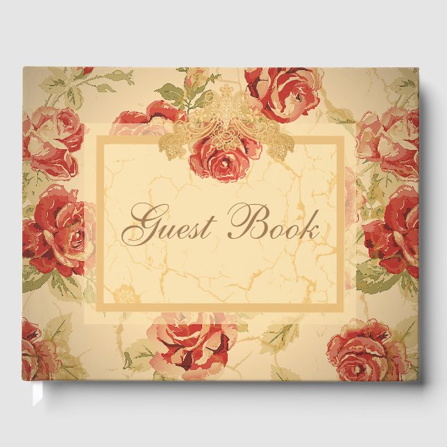 Red rose, cream, tan antique floral guest book (Front)