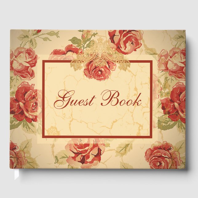 Red rose, cream, tan antique floral guest book (Front)