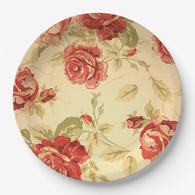 Red Rose, cream, tan antique floral Paper Plate (Front)