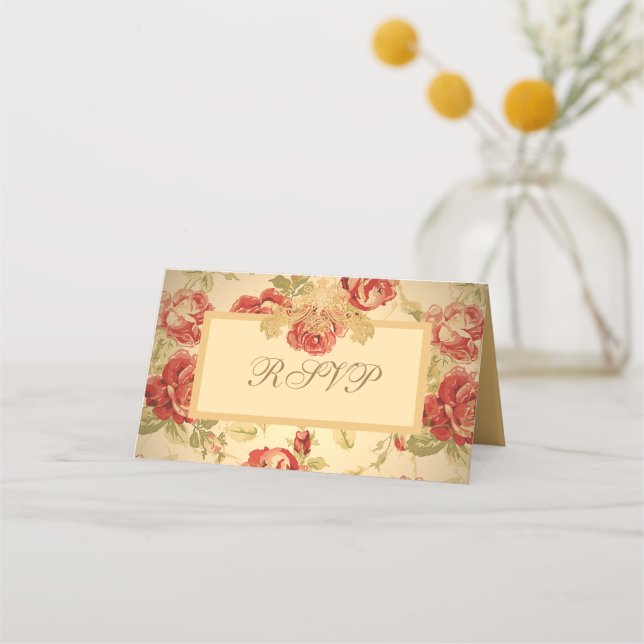 Red rose, cream, tan antique floral place card (Front)