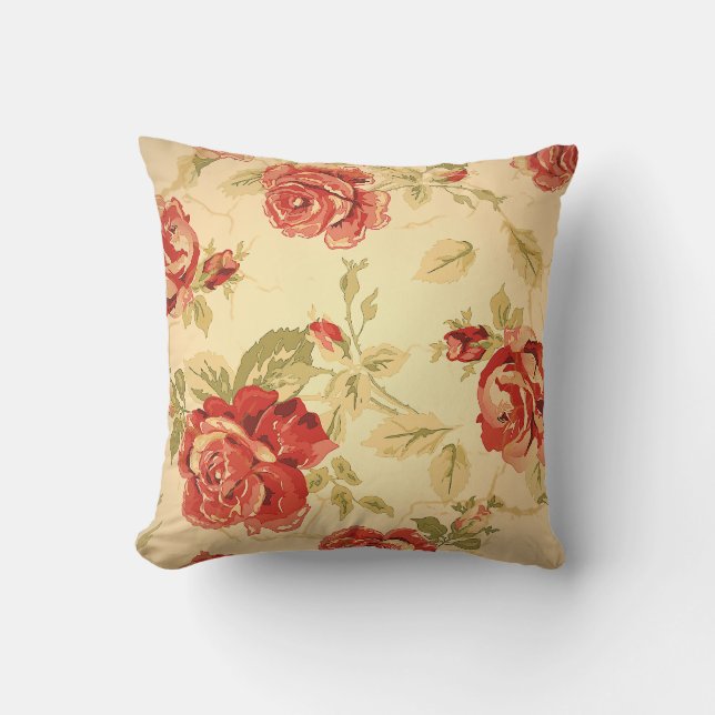 Red rose, cream, tan, antique floral print cushion (Front)