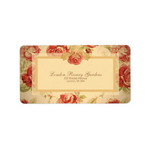 Red rose, cream, tan antique floral print label