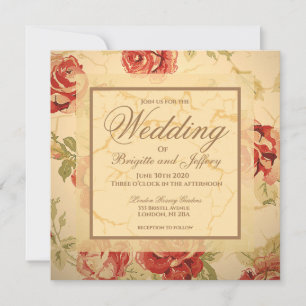 Red rose, cream,tan antique floral print save the date