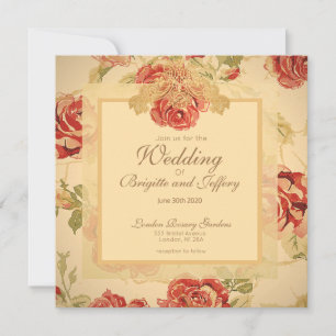 Red rose, cream,tan antique floral print save the date