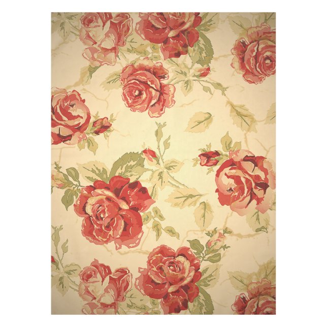 Red rose, cream, tan antique floral print tablecloth (Front)
