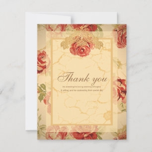 Red rose, cream, tan antique floral thank you card