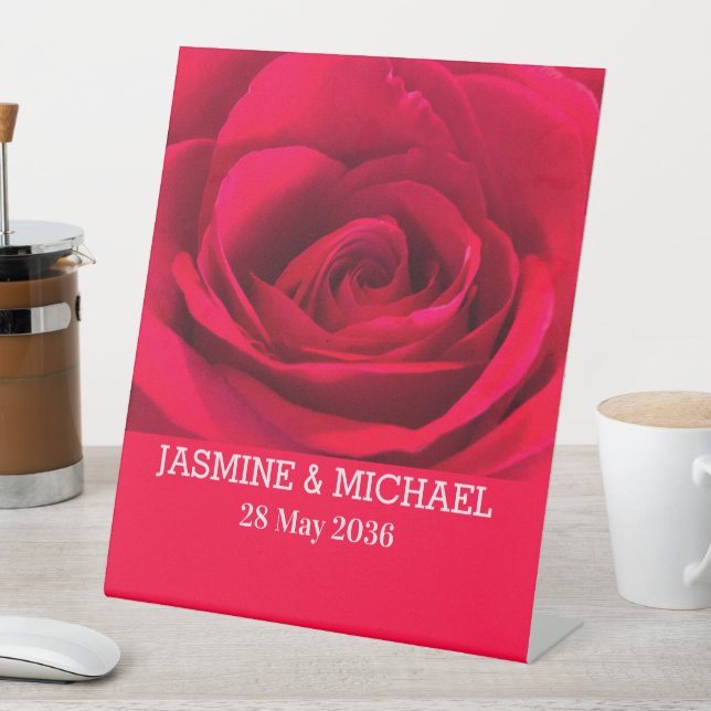 Red Rose Custom Name Floral Wedding,Engagement    Pedestal Sign (In SItu)