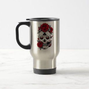 Red Rose Diamond Tattoo Skull Travel Mug