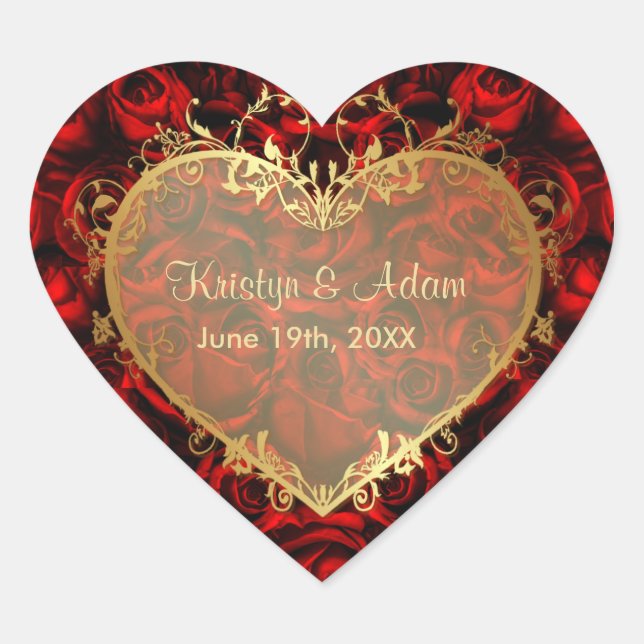 Red Rose Elegance - Gold Heart Heart Sticker (Front)