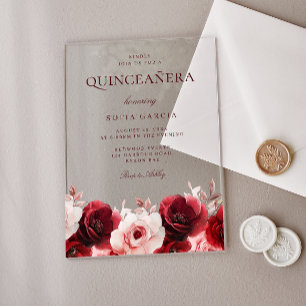 Red Rose Elegance: Gorgeous Quinceanera Party Acrylic Invitations
