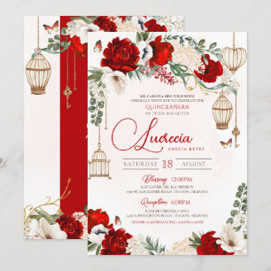 Red Rose Elegant Botanical Butterfly Quinceañera Invitation