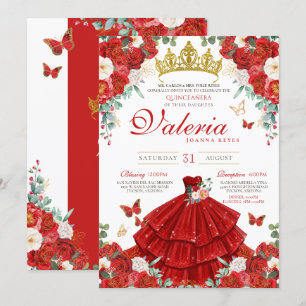 Red Rose Elegant Butterfly Princess Quinceañera Invitation
