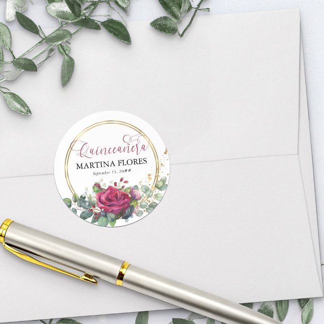Red Rose Elegant Calligraphy Quinceanera Classic Round Sticker (Envelope seal or favor sticker from my Rose and Eucalyptus Quinceanera collection)