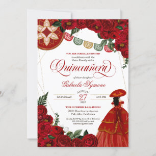 Red Rose Elegant Charra/Mariachi Dress Quinceañera Invitation