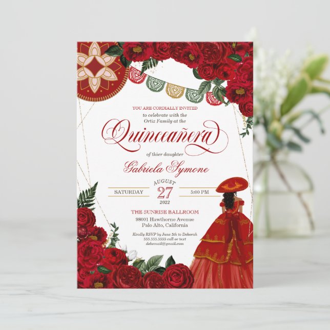 Red Rose Elegant Charra/Mariachi Dress Quinceañera Invitation (Standing Front)