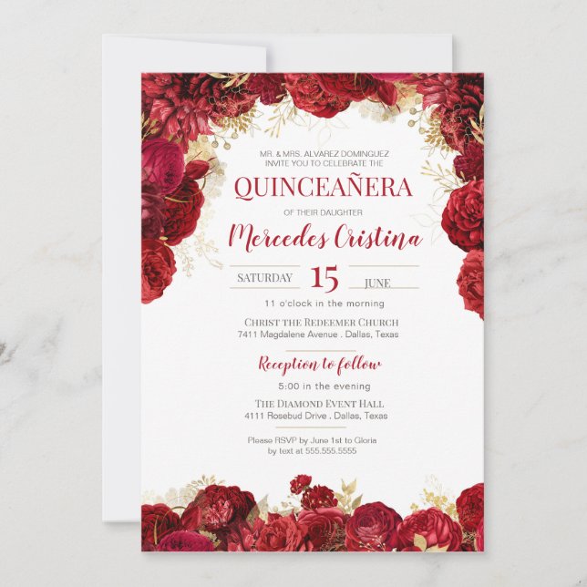 Red Rose Elegant Floral Quinceanera Invitation (Front)