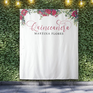 Red Rose Eucalyptus Elegant Quinceanera Backdrop Tapestry