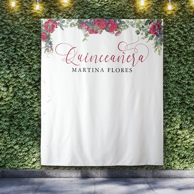Red Rose Eucalyptus Elegant Quinceanera Backdrop Tapestry (Creator Uploaded)