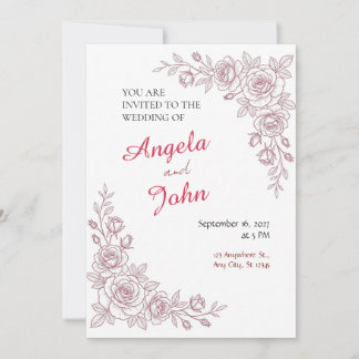 Red Rose Fine Line Wedding Invitation