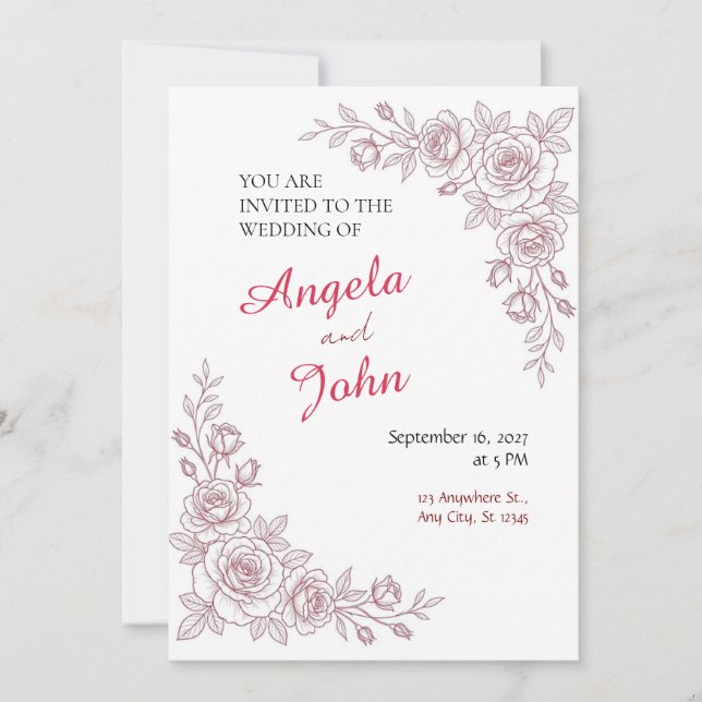 Red Rose Fine Line Wedding Invitation (Front)