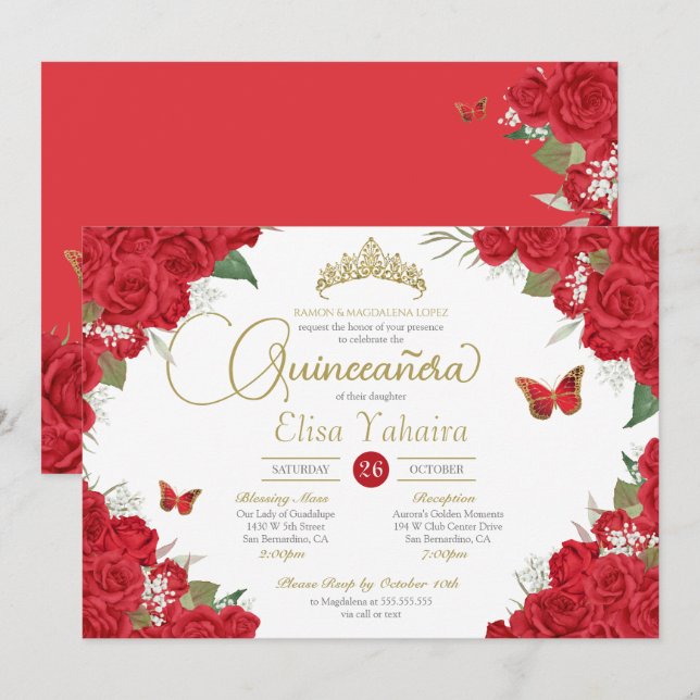 Red Rose Floral and Butterflies Quinceanera Invitation (Front/Back)