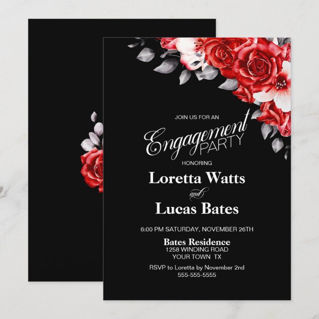 Red Rose Floral Black Engagement Party Invitation (Front/Back)