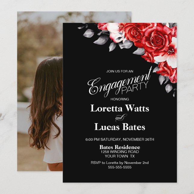 Red Rose Floral Black Engagement Party Photo Invitation (Front/Back)