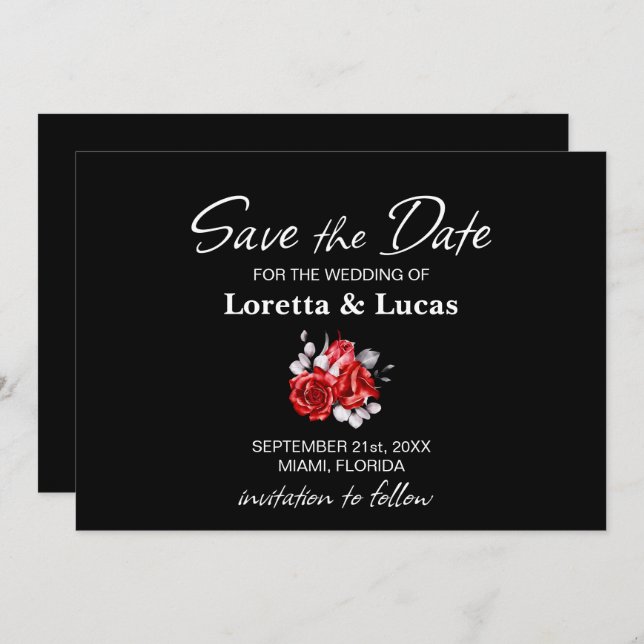 Red Rose Floral Black Wedding Save The Date (Front/Back)