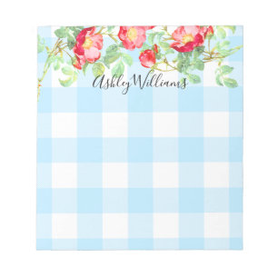Red Rose Floral Blue Buffalo Plaid Script Monogram Notepad