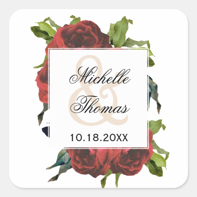 Red Rose Floral Bouquet Wedding Square Sticker (Front)