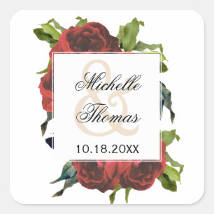 Red Rose Floral Bouquet Wedding Square Sticker