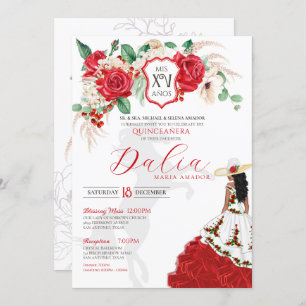 Red Rose Floral Crest Elegant Charra Quinceañera Invitation
