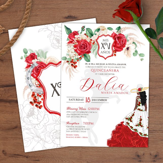 Red Rose Floral Crest Elegant Charro Quince Años I Invitation (Creator Uploaded)