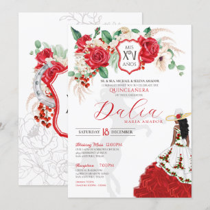 Red Rose Floral Crest Elegant Charro Quince Años Invitation