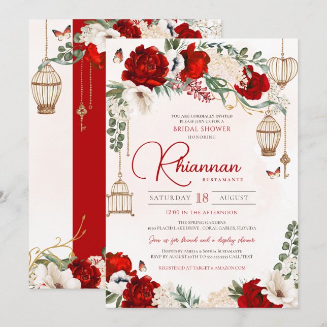 Red Rose Floral Elegant Garden Bridal Shower Invitation (Front/Back)