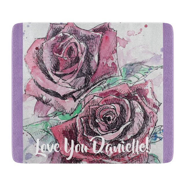 Red Rose floral flowers Art Glass Chopping Board (Front)