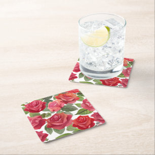 Red Rose Floral Formal Wedding Square Paper Coaster