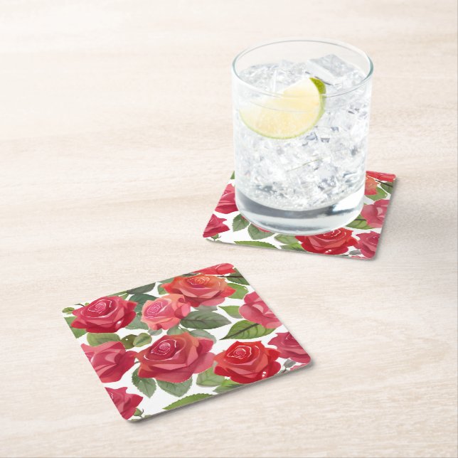 Red Rose Floral Formal Wedding Square Paper Coaster (Insitu)