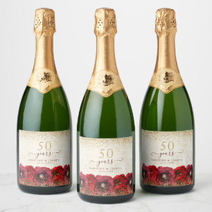 Red Rose Floral Gold 50th Wedding Anniversary Sparkling Wine Label