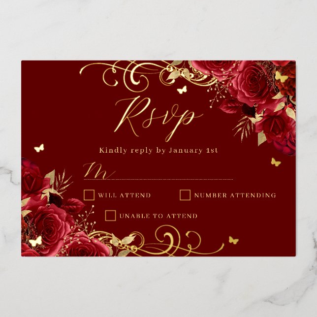 Red Rose Floral Gold Swirl Quinceanera  (Front)