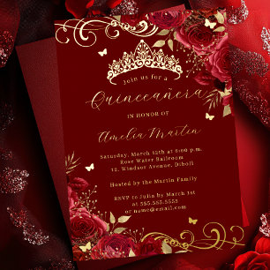 Red Rose Floral Gold Swirl Quinceanera  